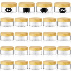 Dandat 24 Pcs 4 oz Plastic Jar Container with Wood Lid and Label Refillable Empty Round Clear PET Cosmetic Sample Slime Containers for Lotion, Cream, Ointments, Body Butter, Makeup Travel Storage