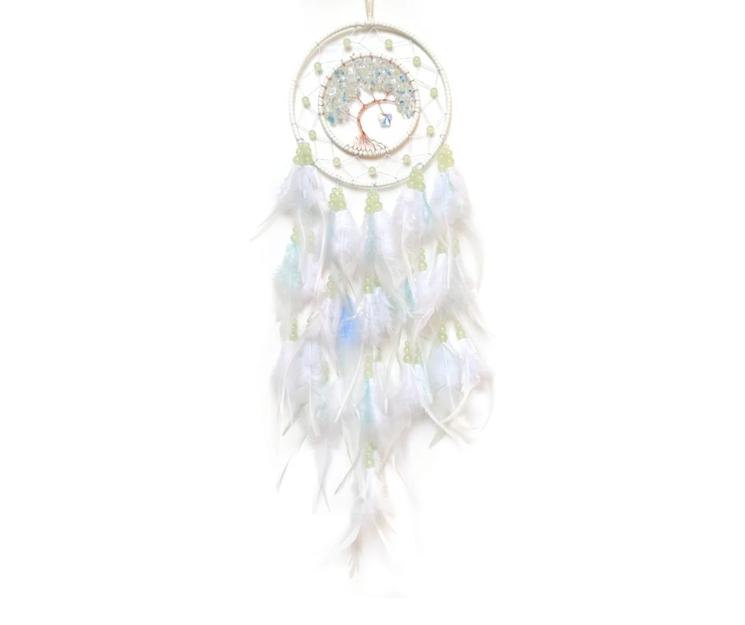 White Dream Catcher Wall Decor Crystal Tree of Life Dream Catchers with Luminous Bead Handmade Feather Dreamcatcher Wall Hanging Ornament for Bedroom Living Room Home Decor