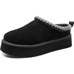 DREAM PAIRS Women's Slippers for Women Genuine Suede Platform Cozy FuzzyEasy Women's Platform Slip-on Slippers Winter Fluffy Warm Comfy Furry Shoes for Outdoor Indoor House (9, Black)