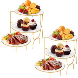 3 Tiered Serving Stand with White Porcelain Plate Set 2 Pack Rotatable Dessert Table Display Set 10'' Round Tiered Serving Trays & Platters for Cake Fruit Cookie Dessert 2 Stand + 6 Plates