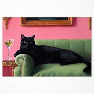 Black Cat Canvas Wall Art, Cute Cat with Martini Poster, Quirky Animal Fine Art Prints, Trendy Bar Cart Art Decor for Wall, Funny Relaxed Black Cat Lying In Couch Picture 8x12in Unframed