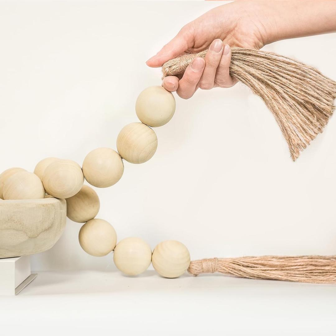 Extra Large Wood Bead Garland with 1.6" Diameter Wood Beads, Wooden Beads Garland with Tassels, Decorative Beads Home Decor, Farmhouse Beads Decor (Nature Beige, 67 Inches)