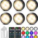 LED Puck Lights with Remote Control, Battery Operated Wireless Closet Light, Under Cabinet Lighting Stick on Tap Push Lights, Color Changing Under Counter Light for Kitchen, 6 Pack - Black