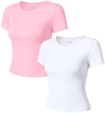 OQQ Women Short Sleeve 2 Piece T-Shirts Crew Neck Fitted Basic Tee 2025 Summer Crop Top Pink Cherry Blossom White, M