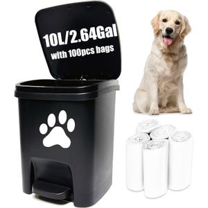 Tebiete Dog Poop Trash Can Outdoors Pet Waste Station with Lid Hands-Free Pedal Garden Yard Home with 100pc Waste Bags, Black (2.6Gal/10L Black, 2.6Gal/10L Black)