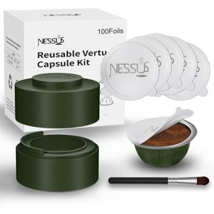 Nessus Reusable Vertuo Capsule Kit, [ALSeal EZ FIT] for Refillable Pods with 100 Pcs Aluminum Foil Seal Lids, Holder, Brush, for Refilling Vertuo Pods Reusable Vertuoline Pod(Green)