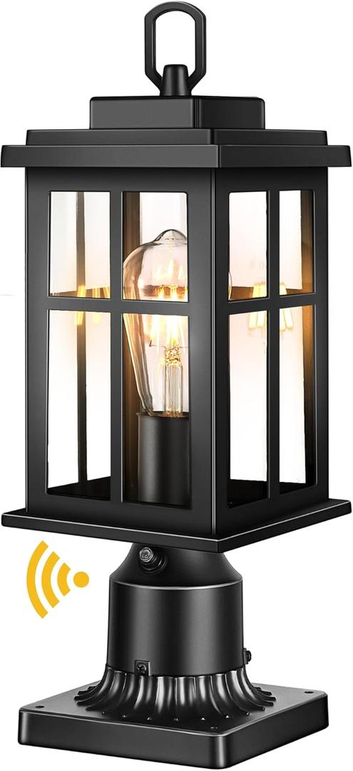 Dusk to Dawn Outdoor Post Lights, Black Post Lights Outdoor with Pier Mount Base, Waterproof Lamp Posts Outdo or Lighting with Tempered Glass for Garden, Porch Patio(Hardwired 120V, Not Solar)