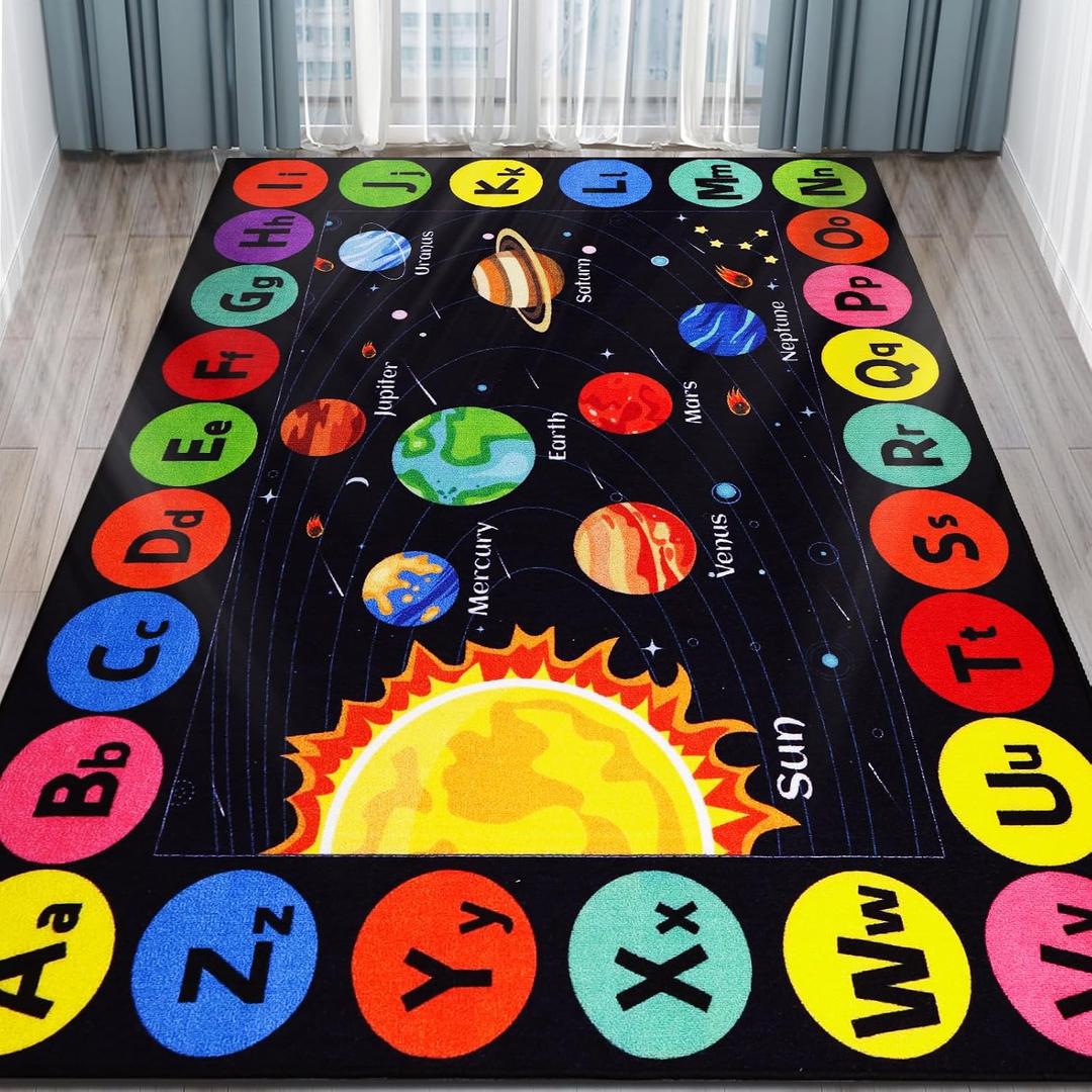 Kids Rug Outer Space Carpet for Playroom, ABC Educational Learning Area Rug, Non-Slip Solar System Road Play Play Rug for Kids Bedrooms, Classroom, Room Decor (Black, 78.7X59 INCH)