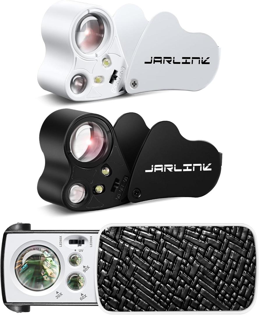 JARLINK 3 Pack Jewelers Loupe, 30X 60X 90X Illuminated Jewelers Eye Magnifier and Magnifying Glass Loop with UV Black Light and Bright LED Light for Gems, Jewelry, Diamond, Coins, Stamps
