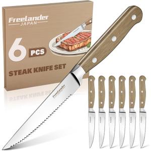 Freelander Serrated Steak Knives Set of 6, 4.5" Japanese High Carbon Stainless Steel Steak Knife Set with Wood Handle, Japanese Sharp Full Tang Dinner Knives for Table,Christmas Gifts for Men Women
