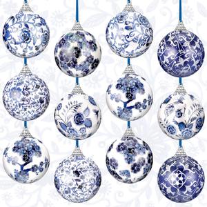 Poen 12 Pcs Christmas Chinoiserie Ball Ornaments Blue and White Chinoiserie Tree Decoration Christmas Tree Hanging Ornaments Blue White Foam Xmas Decor (3.15 Inch)