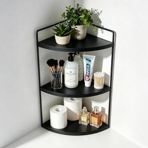 Corner Bathroom Countertop Organizer, 3-Tier Corner Shelf for Vanity & Bathroom Counter, Rustic Wood Standing Rack for Cosmetics & Skincare, Space Saving Storage for Toiletries, Sturdy Metal, Black, 11.7 inches x 7.5 inches x 17.3 inches