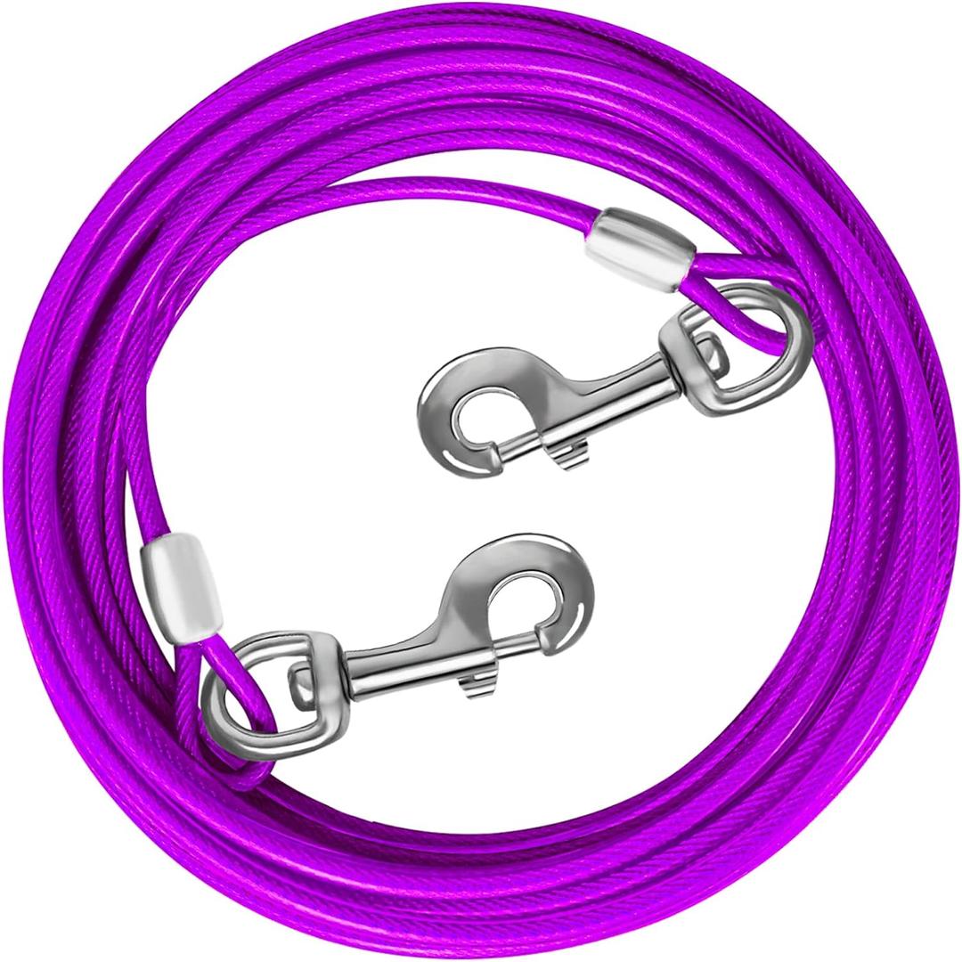 Dog Tie Out Cable 10/15/20/25/30 FT Runner for Yard Steel Wire Cable with Durable Superior Clips Purple Chains for Outside Dog Lead for Large Up to 165 Lbs (15 FT(