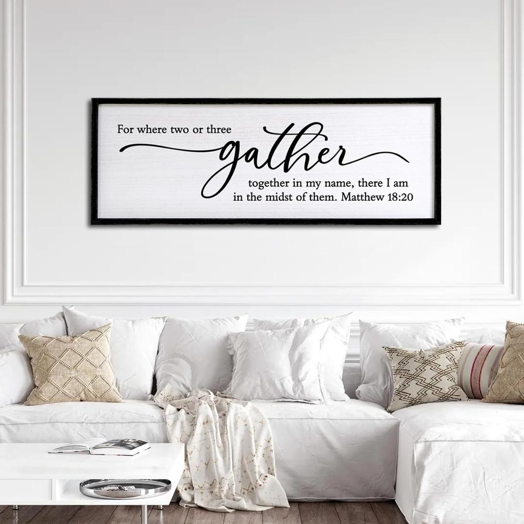 For Where Two or Three Gather Together Wall Art 32 x 12 Inch for Dining Room Kitchen Wall Wooden Framed Sign, Matthew 18:20 Church or Prayer Space (Black)
