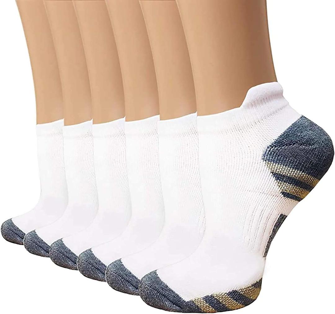 Copper Compression Socks Women and Men 6 Pairs - Circulation Arch Support Plantar Fasciitis Running Ankle Socks (Small-Medium, A1 - No Show 6 White)