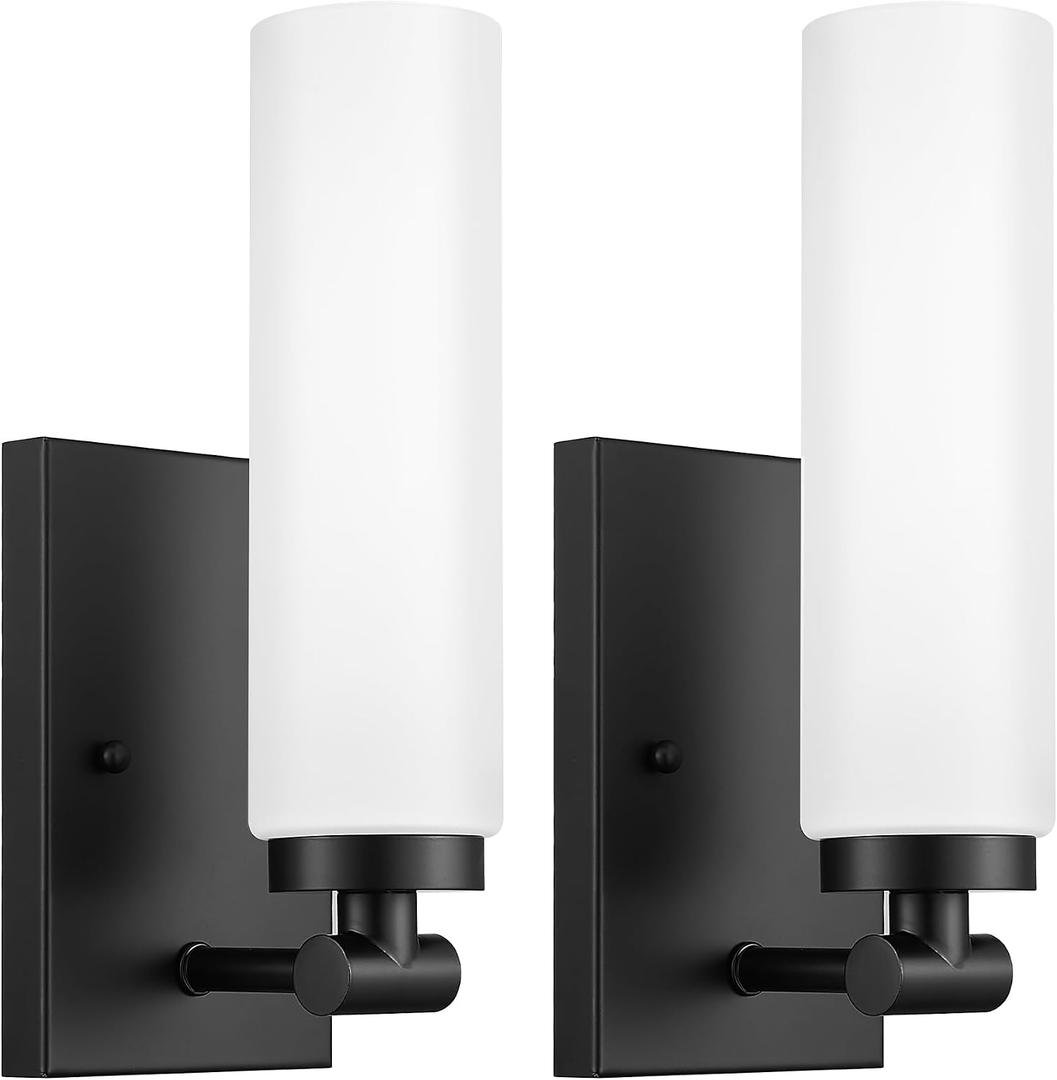 Emak Black Sconces Set of 2, Modern Wall Lights with Milk Glass Shade, Farmhouse Vanity Lights for Bathroom, Living Room, Bedroom, Gallery, WS086-BK-ML-2PK, 12 inch