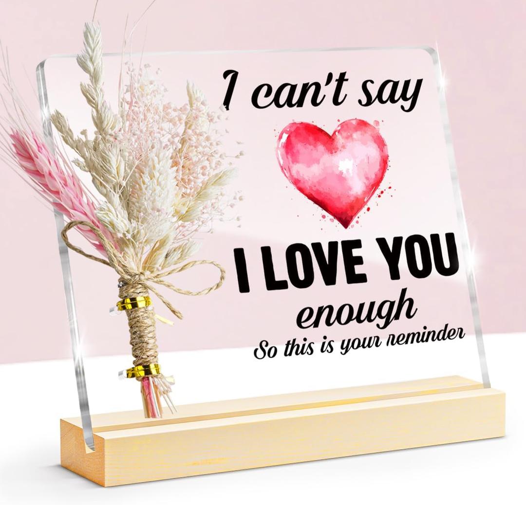 I Love You Gifts for Her, Gift for Wife Girlfriend Romantic Anniversary Wedding Valentines Day, Love Gifts for Her Keepsake, I Love You Acrylic Sign With Pink Dried Flower Bouquet, Miss You Gifts