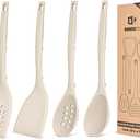 Pack of 4 Silicone Cooking Utensils Set, Non Stick Solid Spatulas and Heat Resistant Slotted Spoons with Back Hooks, Ideal BPA Free Kitchen Utensils Set for Frying,Serving,Turning,Stirring(KHAKI)