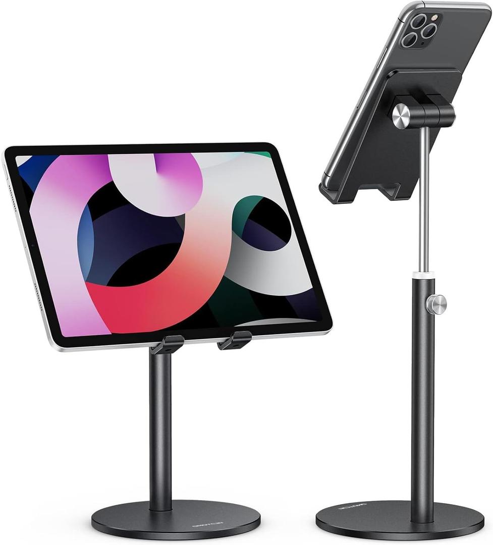 OMOTON Cell Phone Stand, Angle Height Adjustable Phone Stand, Aluminum Desktop Phone Holder Dock Stand for Desk, Compatible with iPhone Air/17 Pro Max/, All Smartphones and Tablets(4-11''), Black