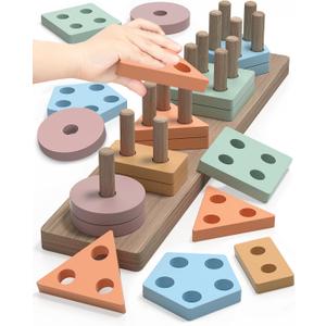 Montessori Toys for 1 2 Year Old Girl and Boy Birthday Gifts, Shape Sorter Wooden Toys for Toddlers Age 1-3 2-4, Learning Educational Sensroy Stacking Toddler Puzzles