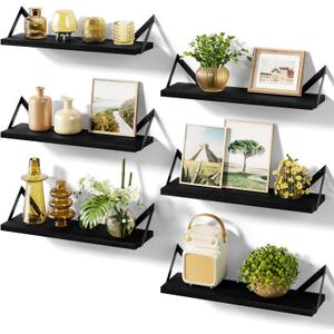 SRIWATANA Floating Shelves for Wall Decor, Wood Wall Shelves for Bathroom, Bedroom, Kitchen, Living Room, Set of 6 (Weathered Black)