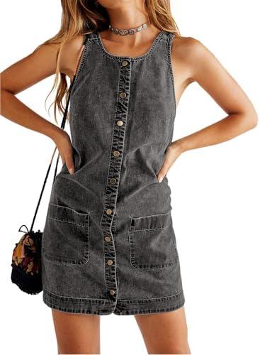 Yousify Womens Casual Sleeveless Denim Overalls Dresses Button Down Summer Jean Mini Dress 2025 Trendy Romper With Pockets Medium