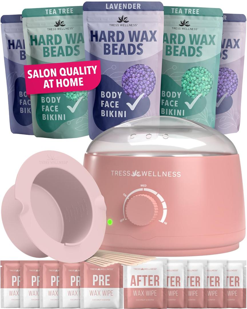Tress Wellness Waxing Kit for Sensitive Skin – Safe for Face & Skin, Prep & Aftercare Wipes, Easy to Use – At-Home Kit for Face, Bikini, Brazilian & Full Body - Pink, No Display
