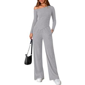 PRETTYGARDEN Fall Two Piece Sets For Women 2026 Off Shoulder Tops Long Pants Knit Matching Lounge Set Airport Travel Outfits(Light Grey,Large) (L)