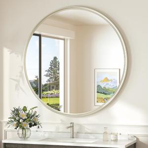 TokeShimi 36 in Round Brushed Nickel Mirror, Tempered Shatterproof Circle Wall Mirror, Farmhouse Metal Mirrored for Restroom, Entryway, Bedroom, Vanity, Living Room
