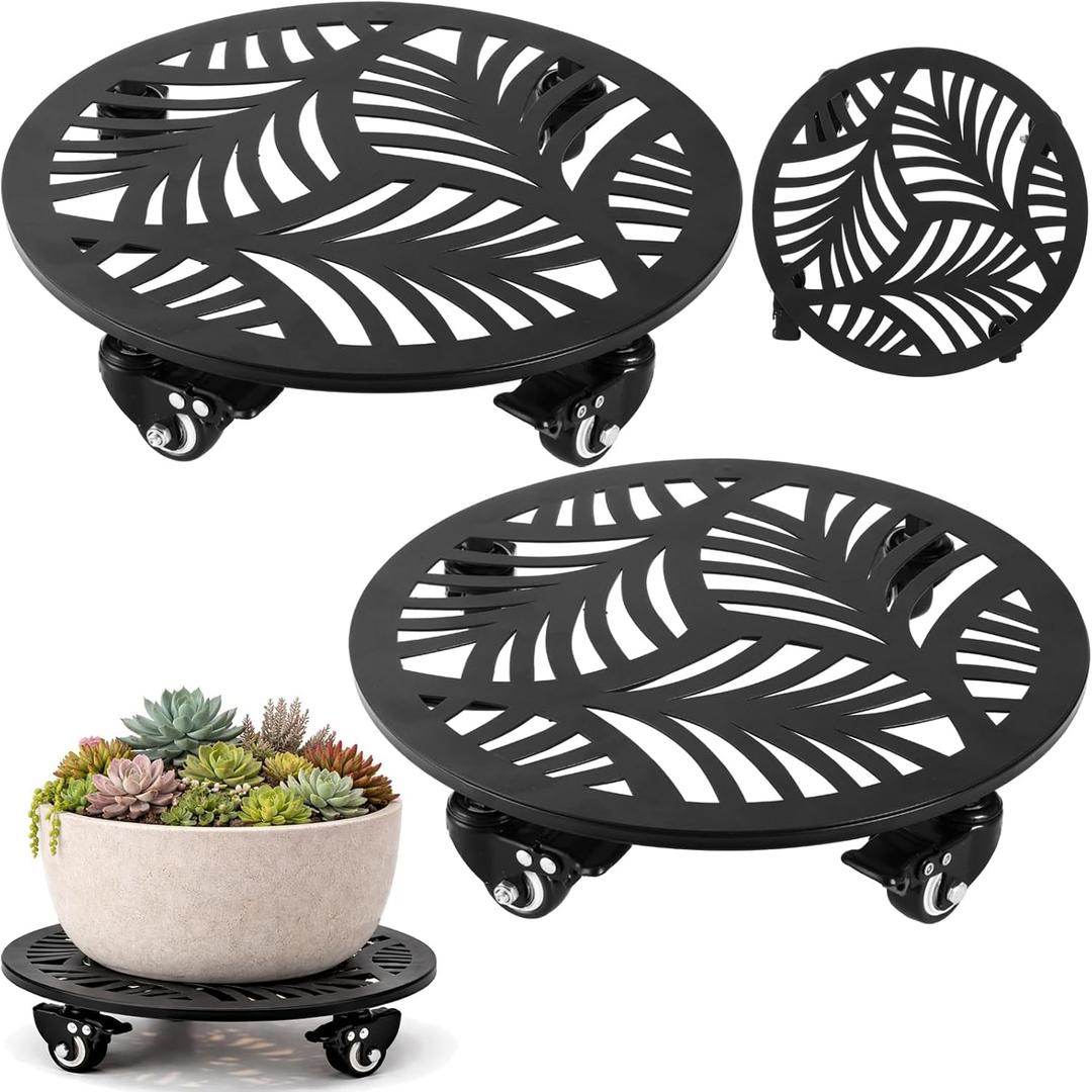12" Metal Plant Caddy with Wheels Set of Two Large Heavy-duty Rolling Plant Stands with Casters Wheeled Planter Dolly Pot Mover Rollers Rust-proof Round Garden Trolley Coasters for Indoor Outdoor Use