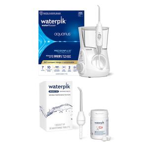 Bundle with Waterpik Aquarius Water Flosser, White WP-660 and Boost Flossing Tip with 30 Whitening Tablets, Electric Dental Countertop Professional Oral Irrigator, Genuine Waterpik Water Flosser Tip