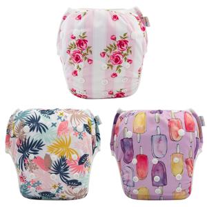 Babygoal Baby Girl Swim Diapers 3 Pack for Infant, Reusable Adjustable Washable for Swim Class-Flower (Small, Ice Cream & Flowers)