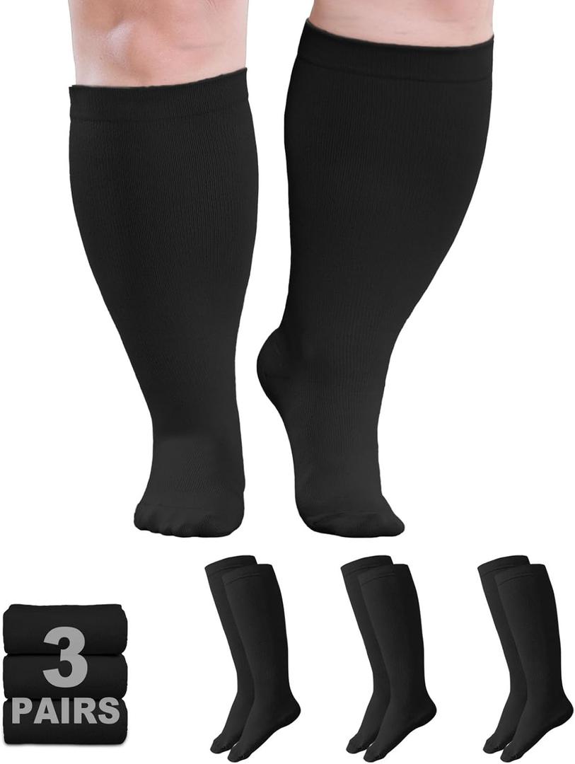Plus Size Compression Socks 20-30mmHg Wide Calf for Men Women, Extra Large Compression Stockings Support for Running, Travel, Nurses, Pregnancy (3 Pairs) 