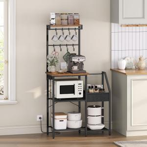 Bakers Rack, Microwave Stand with Storage, Kitchen Storage Shelf with 8 Hooks, Coffee Bar Station with Power Outlet, for Kitchen, Dining Room, Rustic Brown and Black BRHR74E01