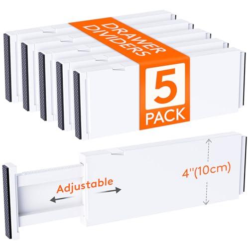 Lifewit 5 Pack Drawer Dividers 4" High, 11-17" Adjustable Dresser Drawer Organizers for Clothes, Expandable Dresser Separators in Bedroom/Bathroom/Kitchen/Vanity/Office Organization and Storage, White