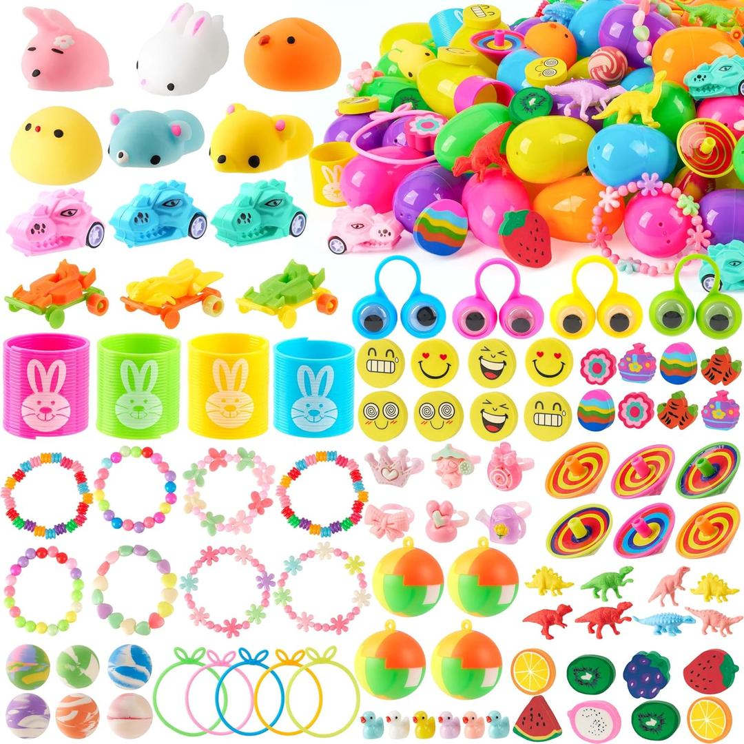 JOYIN 100Pcs Prefilled Easter Eggs with Assorted Toys, Prefilled Easter Eggs with Toys, Easter Basket Stuffers for Kids, Easter Egg Hunt, Toddler Easter Basket Stuffers