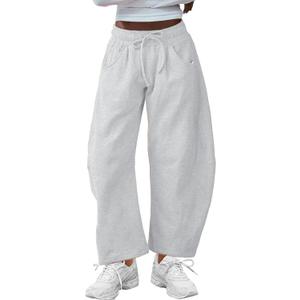 SeekMe Women's Barrel Leg Sweatpant Drawstring Elastic Waisted Wide Leg Pants Casual Cotton Palazzo Trousers with Pockets (Medium, Heather White)