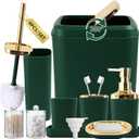 XLHOMO Bathroom Accessories Set, Green Bathroom Set, Dark Green Bathroom Accessory Set with Trash Can, Soap Dispenser, Soap Dish, Toothbrush Holder and Q-tip Holders