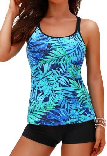 Yonique Two Piece Tankini Swimsuits for Women with Shorts Tummy Control Bathing Suits Athletic Swimwear, Size M