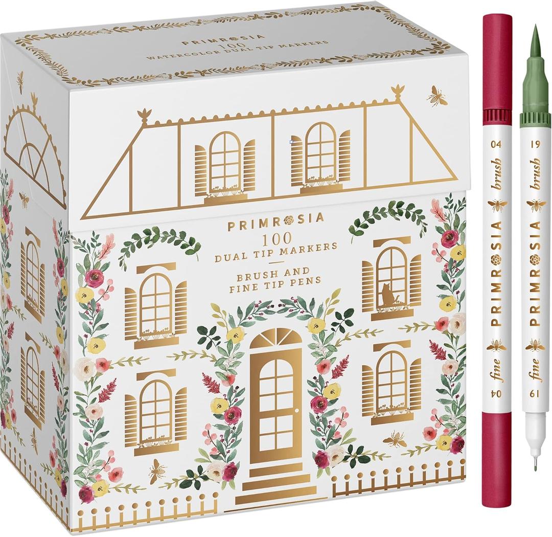Primrosia 100 Dual Tip Marker Pens, Fineliner and Watercolor Brush Pens for Art Sketching Illustration Calligraphy or Journals Drawing Coloring Primrosia 100 Dual Tip Marker Pens, Fineliner and Watercolor Brush Pens for Art Sketching Illustration Calligraphy or Journals Drawing Coloring