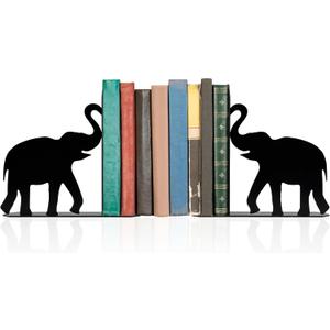 Metal Elephant Bookends Cute Animal Book Ends for Shelves Bookshelf Decorative Objects Home Office Desk Bookshelf Decor Elephant Lover Gifts for Family (Black)
