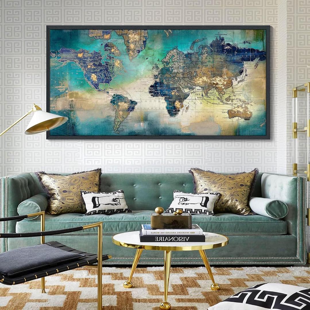 Large World Map Canvas Prints Wall Art for Living Room Office "29x58" Green World Map Picture Artwork Decor for Home Decoration Black Framed Wall Art