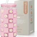 SANDJEST Checkerboard Daisies Glass Can, Floral Checker Cup with Lid & Straw, Iced Coffee Aesthetic Cups, Gift for Christmas Birthday Mother Day, Gifts for Women, 16oz