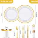 Goodluck 700 Piece Gold Plastic Dinnerware Set for 100 Guests, Disposable Plates for Party, Include: 100 Dinner Plates, 100 Dessert Plates, 100 Pre Rolled Napkins with Silverware, 100 Cups