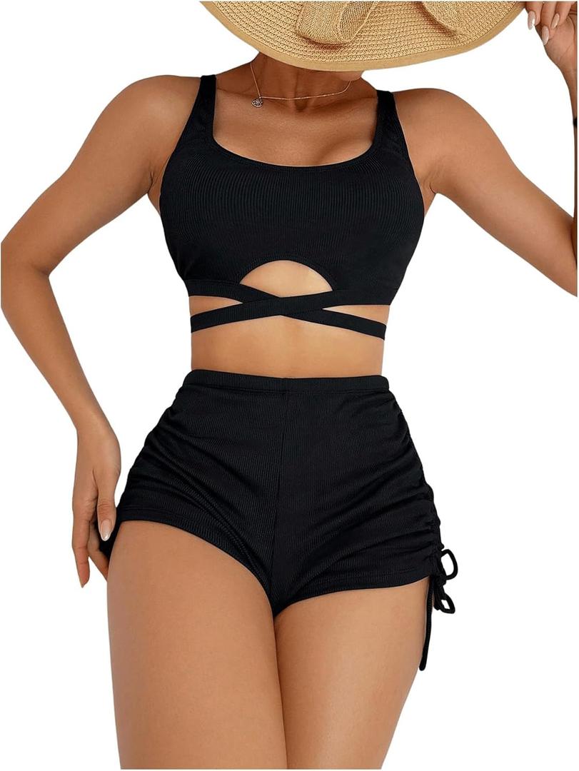 SHENHE Women's 2 Piece Swimsuit with Shorts High Waisted Ruched Boyshort Bikini Set Swimwear (Black)