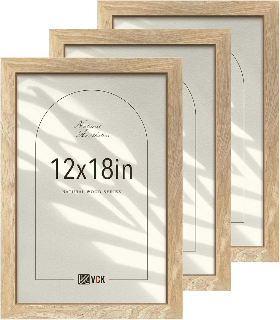 VCK 12x18 Frame Set of 3, Natural Solid Wood Beige Picture Frame with Exclusive Wood Grain,Wall Mounting for Home Decor