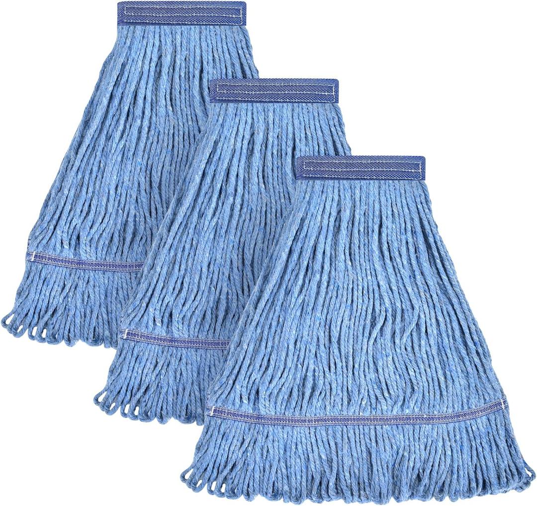 Matthew Cleaning Heavy Duty Mop Head Commercial Replacement for General and Floor Cleaning , Wet Industrial Blue Cotton Looped End String Head Refill (Pack of 3) Blue