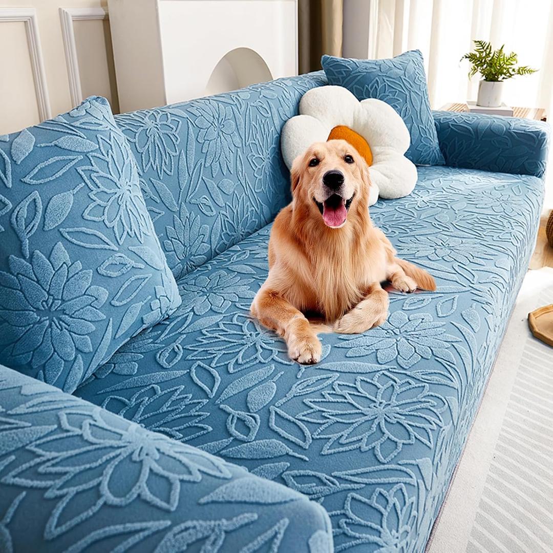 Pet Couch Covers for Sofa, Boho 3D Floral Couch Protector for Dogs with 2 Pillow Covers 18x18, Soft Comfy Washable Plush Sofa Mat Pet Bed Couch Slipcover (Blue,L)