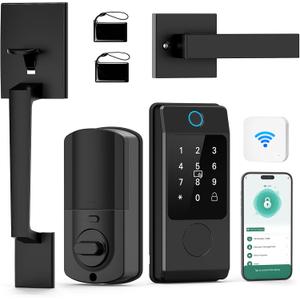 WiFi Front Door Lock Sets with Handle, Fingerprint Keyless Entry and Smart Keypad with Lever Handles, Electronic Screen+WiFi Gateway, APP Control, Auto-Lock, Voice Control