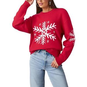 Dokotoo Sweaters for Women Casual Crewneck Long Sleeve Floral Print Cable Knit Pullover Sweater Tops (L, Red)